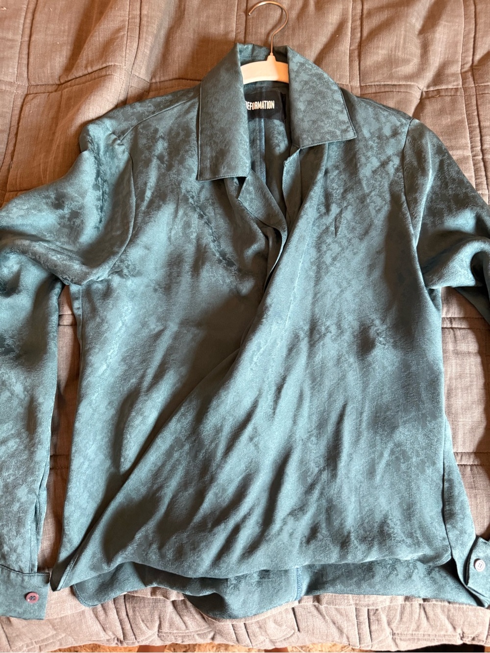 Reformation Teal Satin Blouse with Notched Collar